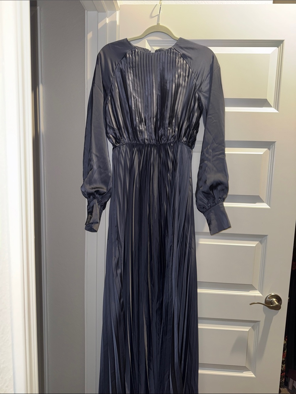 Long-Sleeve Navy Pleated Maxi Dress